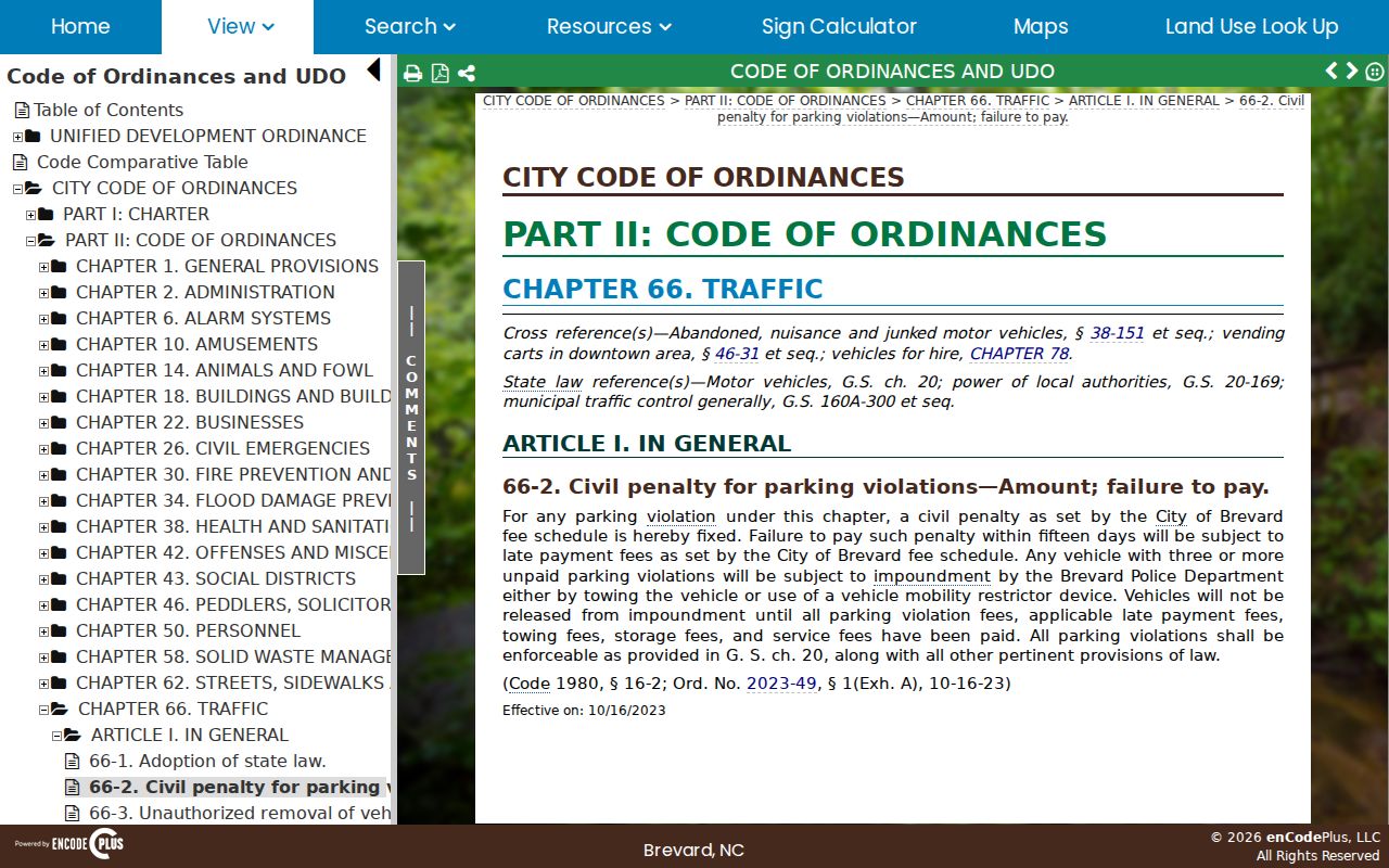 Brevard Transylvania County court docket distinction from Brevard Code Chapter 66 parking enforcement