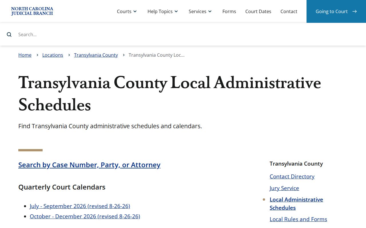 Transylvania court calendar local administrative schedules page