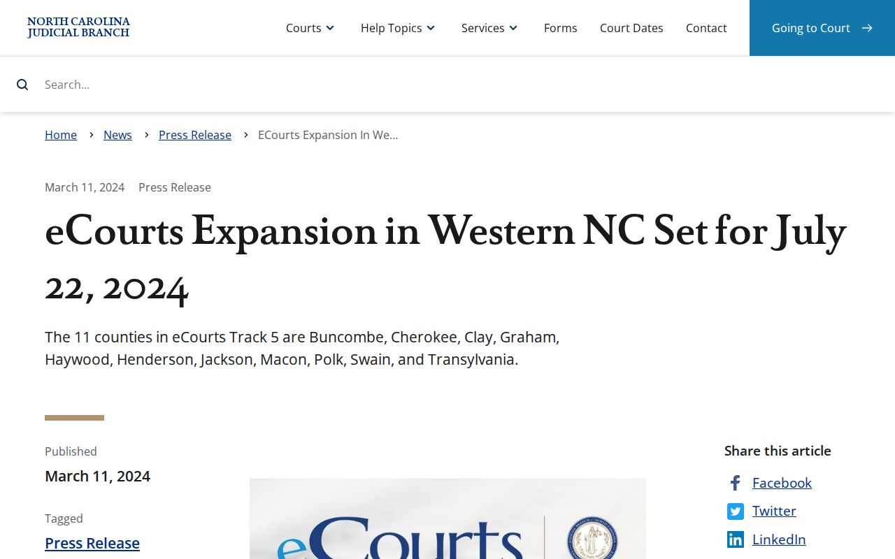 Transylvania County court docket Track 5 eCourts rollout notice