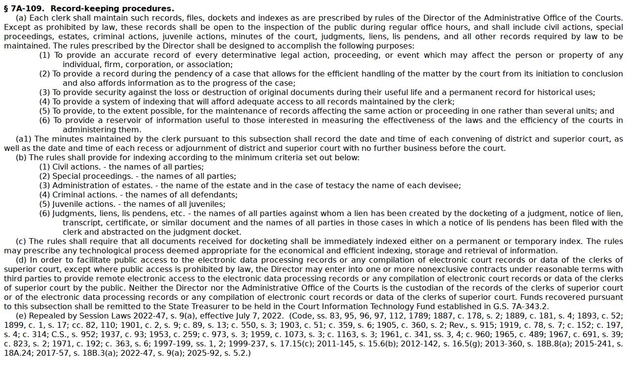 Transylvania County court docket public inspection statute source